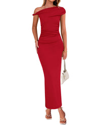 BTFBM Women's Formal Cocktail Dresses Fall 2025 One Shoulder Twist Strap Ruched Bodycon Elegant Wedding Party Maxi Dress - 7DAY'S