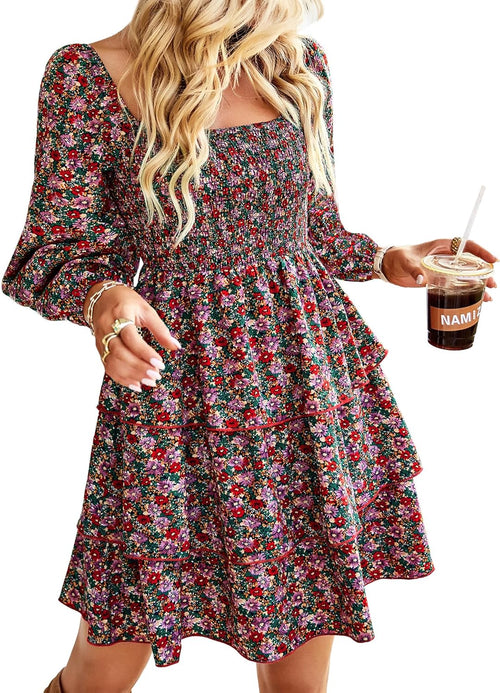 BTFBM Womens Long Sleeve Dress Vacation Square Neck Smocked Floral Swiss Dot Mini Boho Fall Wedding Guest Dresses 2025
