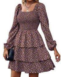 BTFBM Womens Long Sleeve Dress Vacation Square Neck Smocked Floral Swiss Dot Mini Boho Fall Wedding Guest Dresses 2025 - 7DAY'S