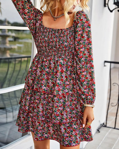 BTFBM Womens Long Sleeve Dress Vacation Square Neck Smocked Floral Swiss Dot Mini Boho Fall Wedding Guest Dresses 2025 - 7DAY'S