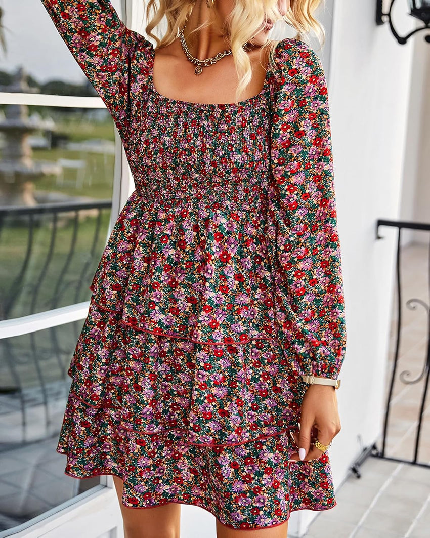 BTFBM Womens Long Sleeve Dress Vacation Square Neck Smocked Floral Swiss Dot Mini Boho Fall Wedding Guest Dresses 2025 - 7DAY'S