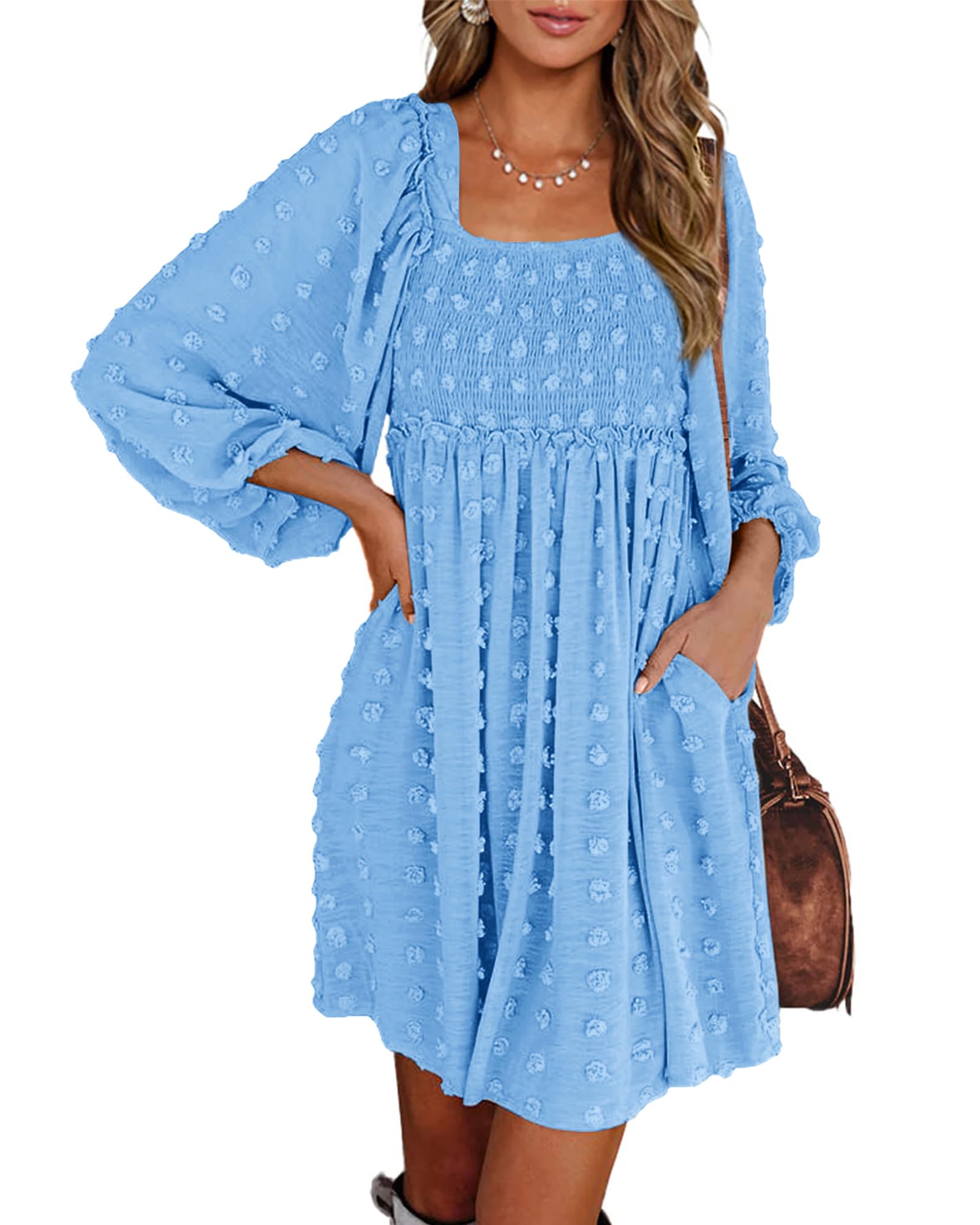 BTFBM Womens Long Sleeve Dress Vacation Square Neck Smocked Floral Swiss Dot Mini Boho Fall Wedding Guest Dresses 2025 - 7DAY'S