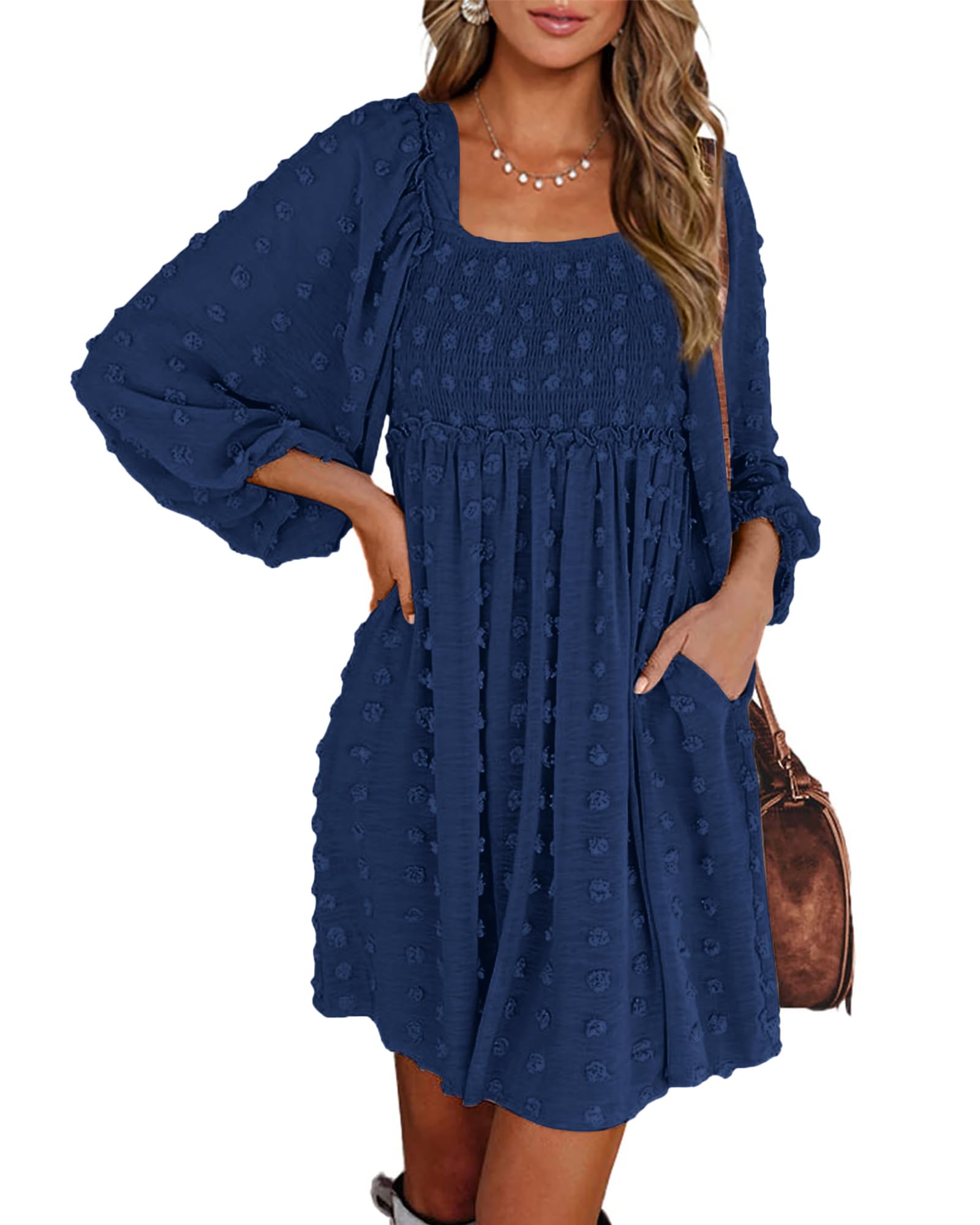 BTFBM Womens Long Sleeve Dress Vacation Square Neck Smocked Floral Swiss Dot Mini Boho Fall Wedding Guest Dresses 2025 - 7DAY'S