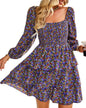 BTFBM Womens Long Sleeve Dress Vacation Square Neck Smocked Floral Swiss Dot Mini Boho Fall Wedding Guest Dresses 2025 - 7DAY'S