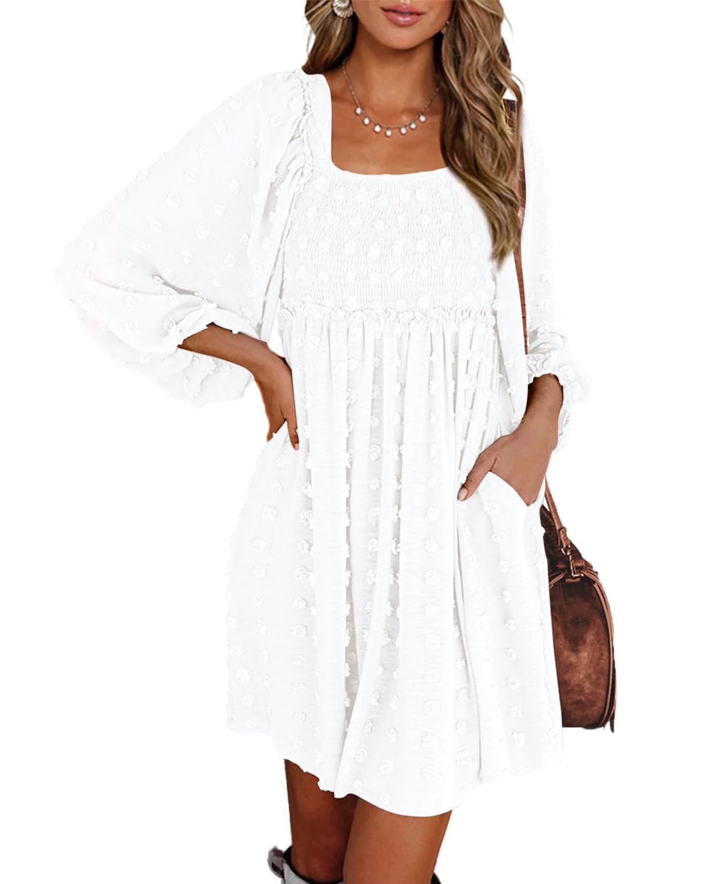 BTFBM Womens Long Sleeve Dress Vacation Square Neck Smocked Floral Swiss Dot Mini Boho Fall Wedding Guest Dresses 2025 - 7DAY'S
