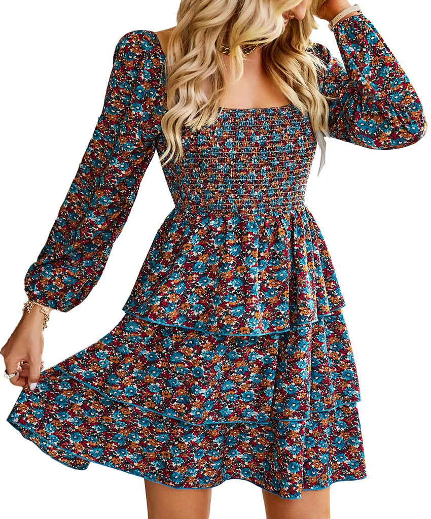 BTFBM Womens Long Sleeve Dress Vacation Square Neck Smocked Floral Swiss Dot Mini Boho Fall Wedding Guest Dresses 2025 - 7DAY'S