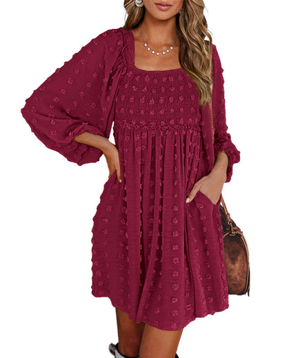 BTFBM Womens Long Sleeve Dress Vacation Square Neck Smocked Floral Swiss Dot Mini Boho Fall Wedding Guest Dresses 2025 - 7DAY'S