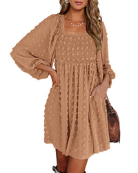 BTFBM Womens Long Sleeve Dress Vacation Square Neck Smocked Floral Swiss Dot Mini Boho Fall Wedding Guest Dresses 2025 - 7DAY'S