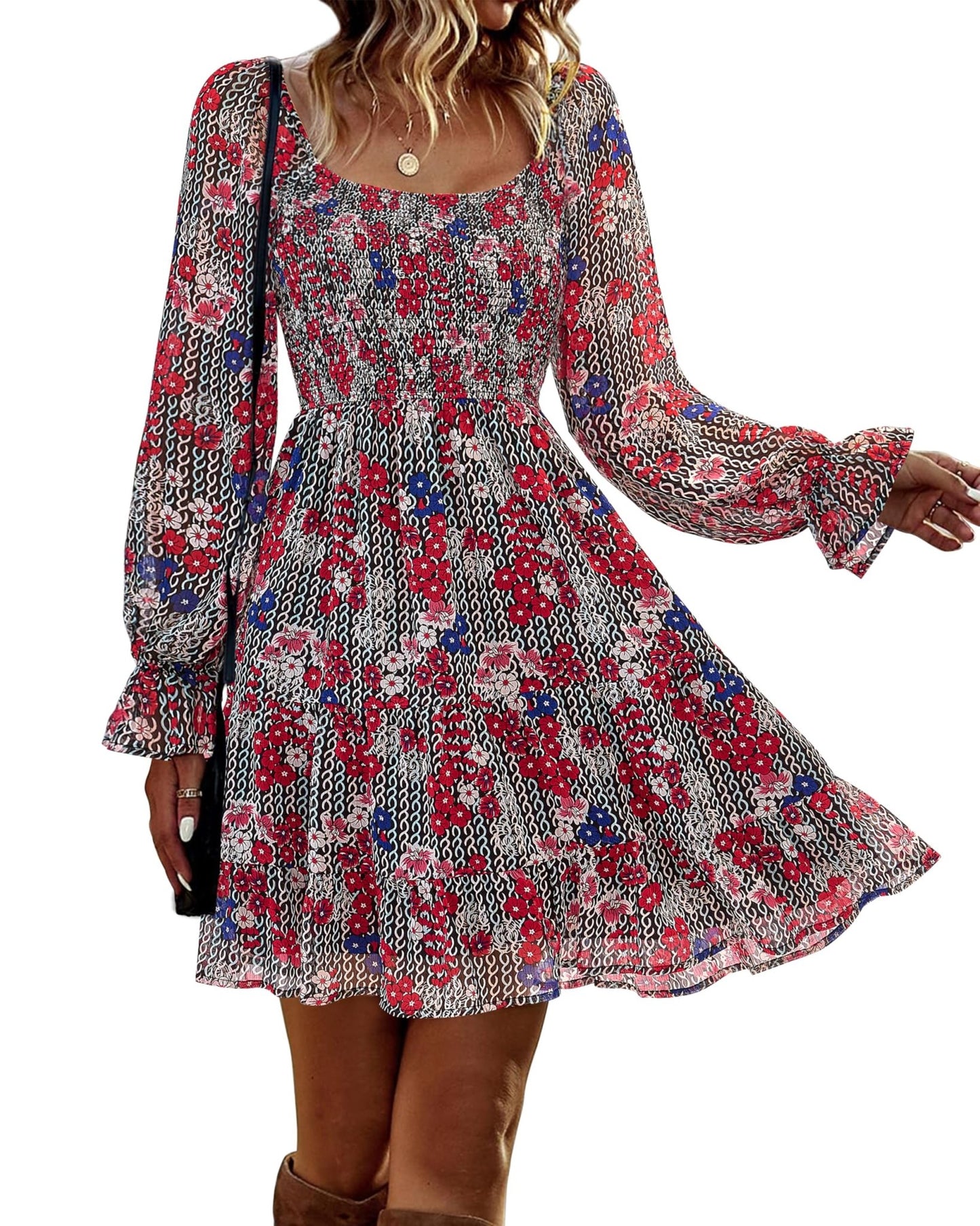 BTFBM Womens Long Sleeve Dress Vacation Square Neck Smocked Floral Swiss Dot Mini Boho Fall Wedding Guest Dresses 2025 - 7DAY'S