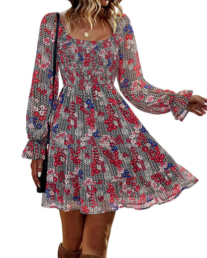 BTFBM Womens Long Sleeve Dress Vacation Square Neck Smocked Floral Swiss Dot Mini Boho Fall Wedding Guest Dresses 2025 - 7DAY'S