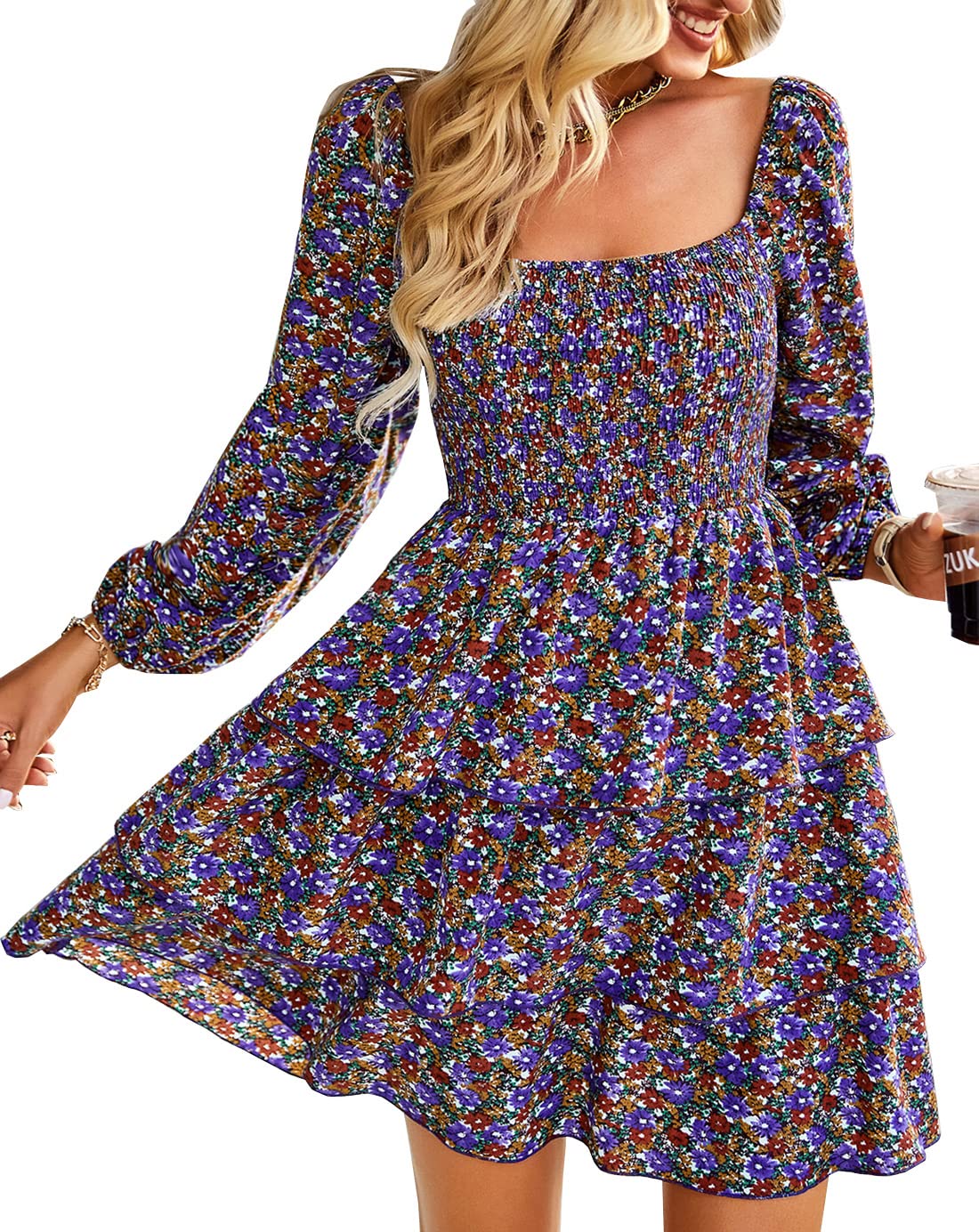 BTFBM Womens Long Sleeve Dress Vacation Square Neck Smocked Floral Swiss Dot Mini Boho Fall Wedding Guest Dresses 2025 - 7DAY'S