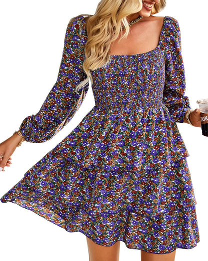 BTFBM Womens Long Sleeve Dress Vacation Square Neck Smocked Floral Swiss Dot Mini Boho Fall Wedding Guest Dresses 2025 - 7DAY'S