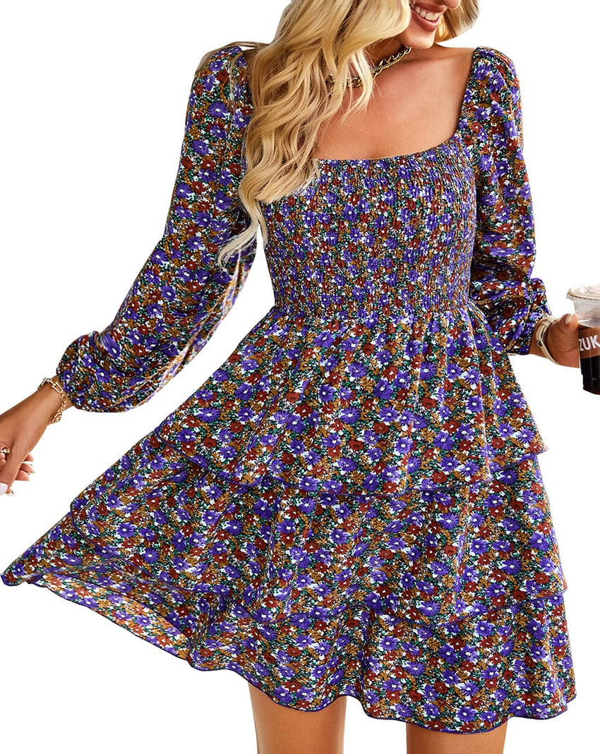 BTFBM Womens Long Sleeve Dress Vacation Square Neck Smocked Floral Swiss Dot Mini Boho Fall Wedding Guest Dresses 2025 - 7DAY'S