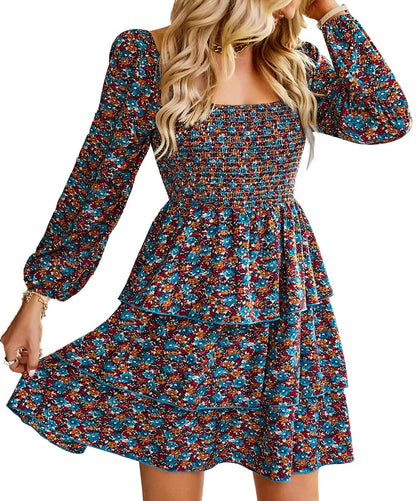 BTFBM Womens Long Sleeve Dress Vacation Square Neck Smocked Floral Swiss Dot Mini Boho Fall Wedding Guest Dresses 2025 - 7DAY'S