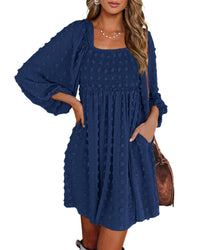 BTFBM Womens Long Sleeve Dress Vacation Square Neck Smocked Floral Swiss Dot Mini Boho Fall Wedding Guest Dresses 2025 - 7DAY'S