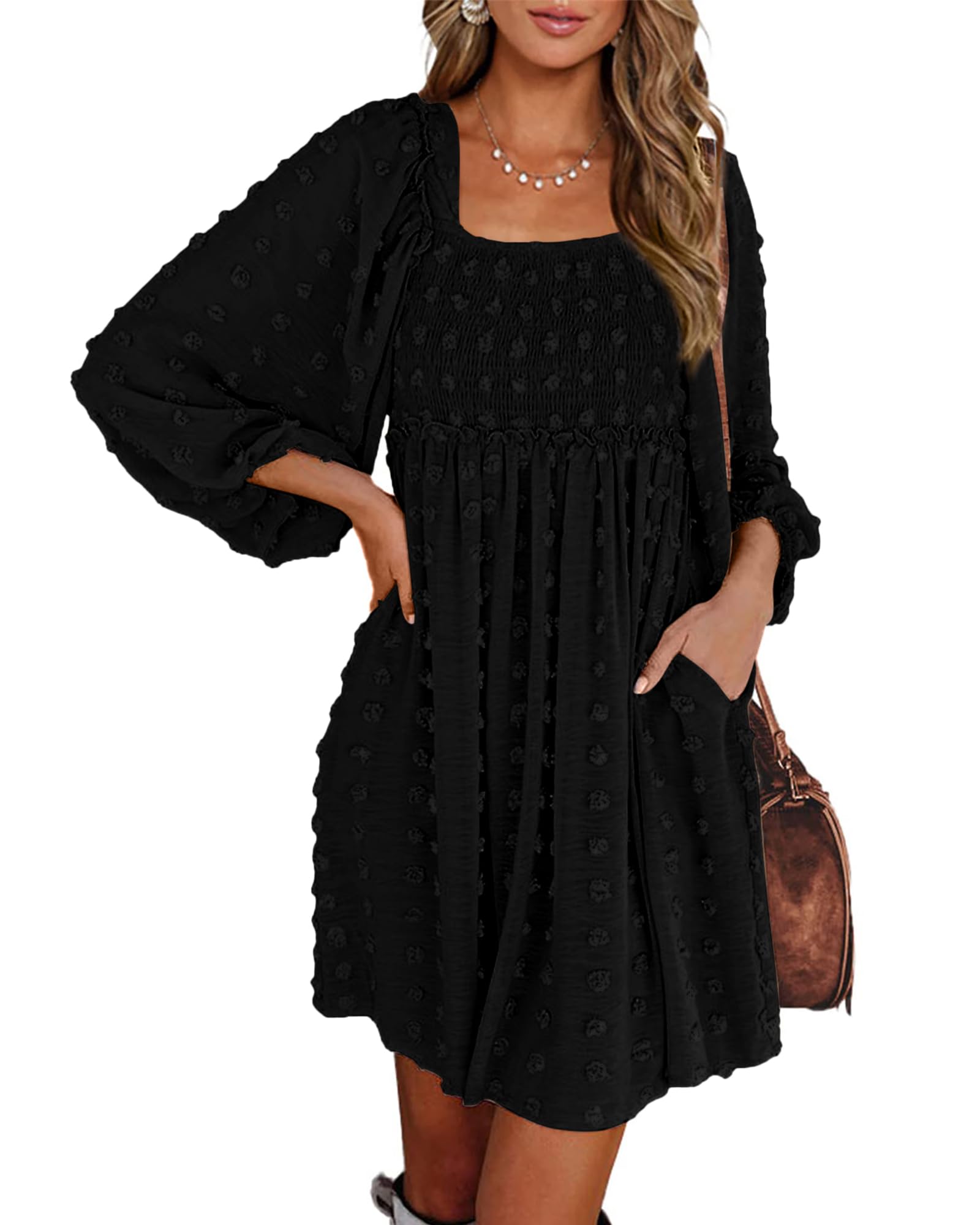 BTFBM Womens Long Sleeve Dress Vacation Square Neck Smocked Floral Swiss Dot Mini Boho Fall Wedding Guest Dresses 2025 - 7DAY'S