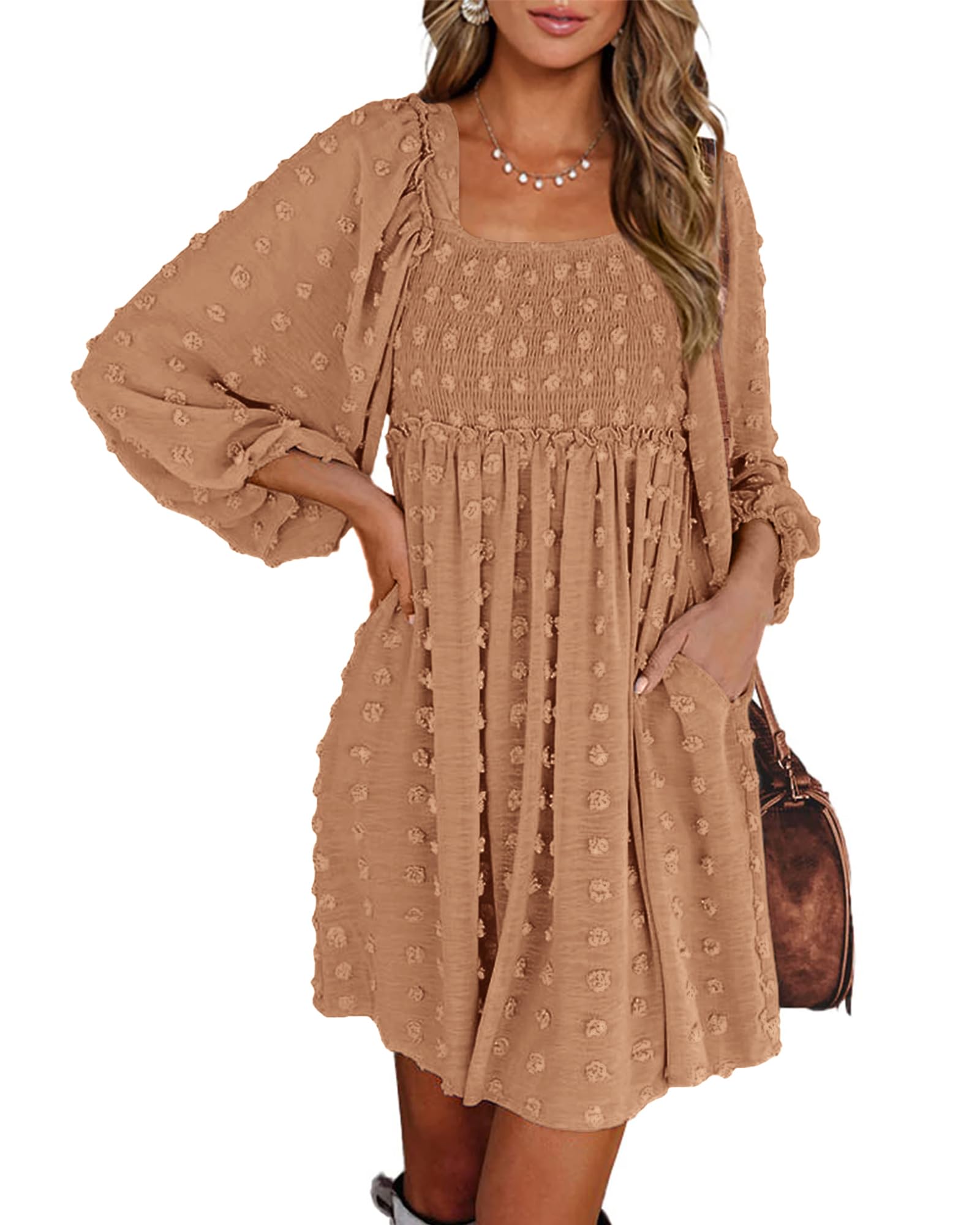 BTFBM Womens Long Sleeve Dress Vacation Square Neck Smocked Floral Swiss Dot Mini Boho Fall Wedding Guest Dresses 2025 - 7DAY'S