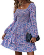 BTFBM Womens Long Sleeve Dress Vacation Square Neck Smocked Floral Swiss Dot Mini Boho Fall Wedding Guest Dresses 2025 - 7DAY'S