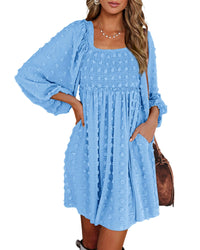 BTFBM Womens Long Sleeve Dress Vacation Square Neck Smocked Floral Swiss Dot Mini Boho Fall Wedding Guest Dresses 2025 - 7DAY'S