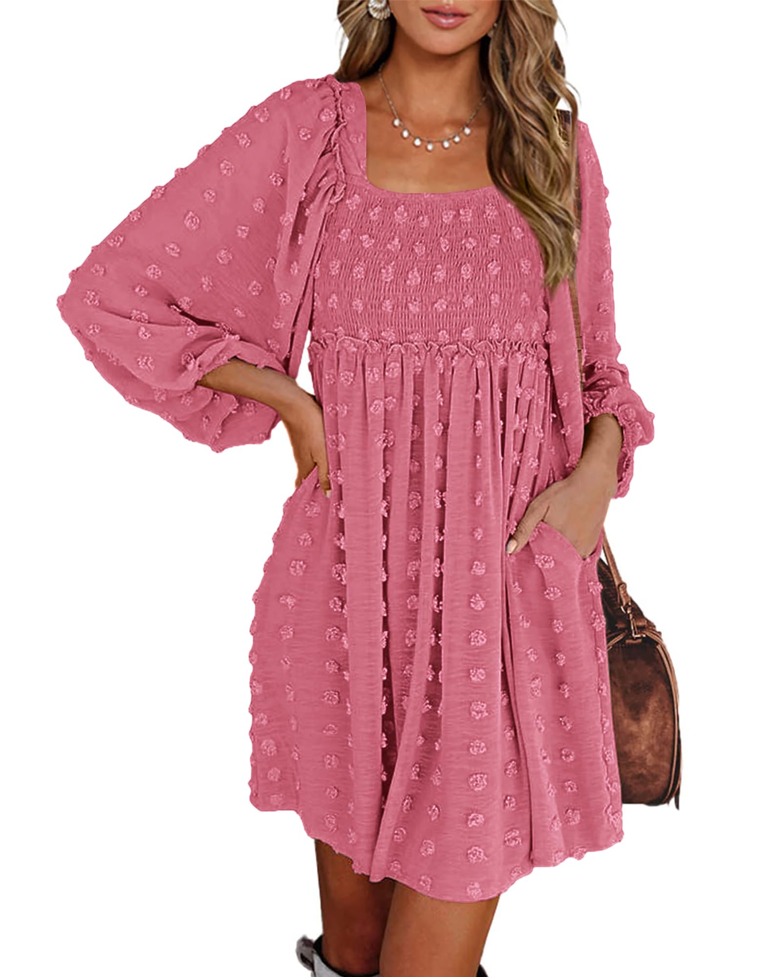 BTFBM Womens Long Sleeve Dress Vacation Square Neck Smocked Floral Swiss Dot Mini Boho Fall Wedding Guest Dresses 2025 - 7DAY'S