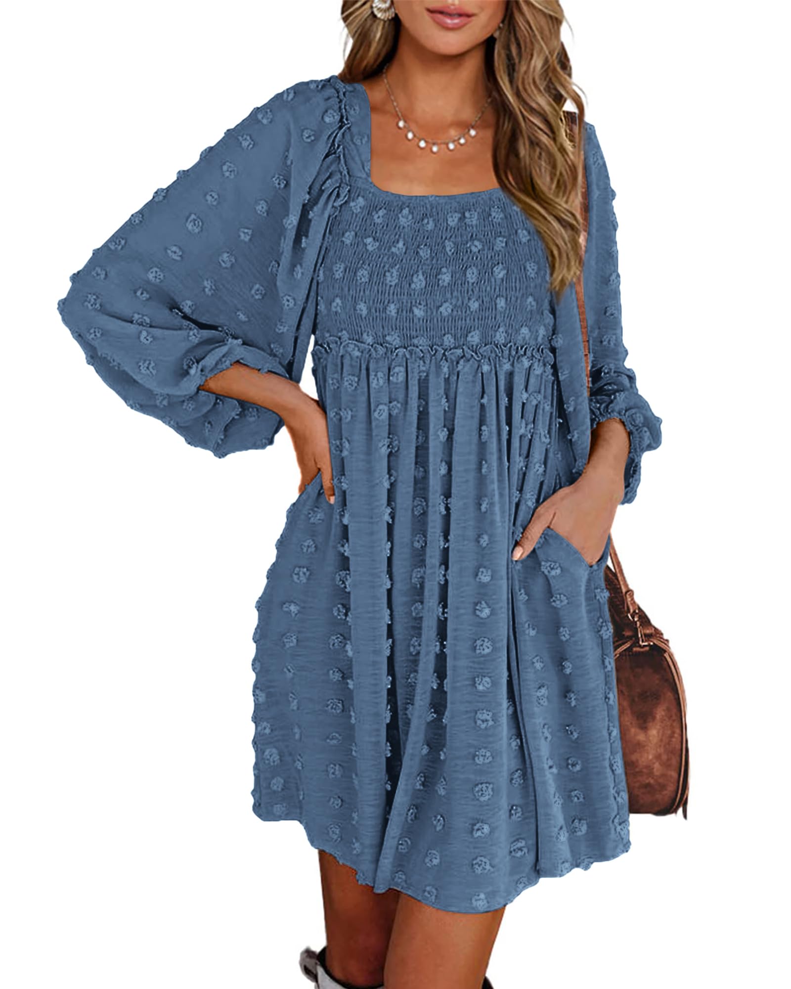 BTFBM Womens Long Sleeve Dress Vacation Square Neck Smocked Floral Swiss Dot Mini Boho Fall Wedding Guest Dresses 2025 - 7DAY'S