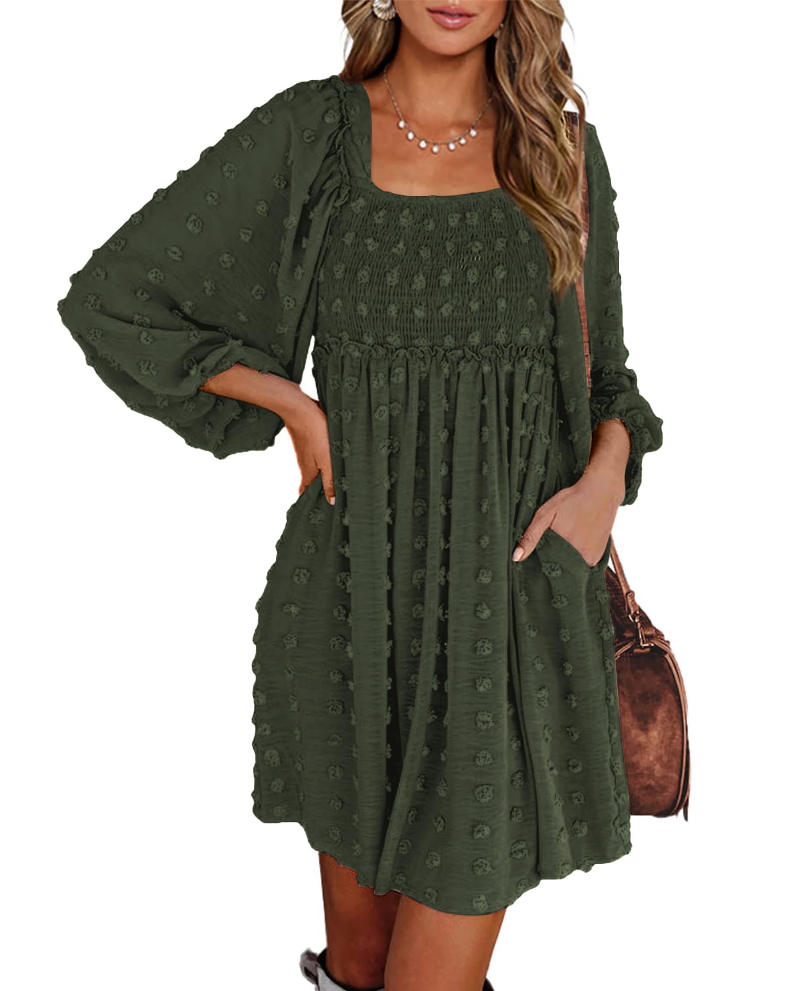 BTFBM Womens Long Sleeve Dress Vacation Square Neck Smocked Floral Swiss Dot Mini Boho Fall Wedding Guest Dresses 2025 - 7DAY'S