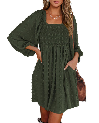 BTFBM Womens Long Sleeve Dress Vacation Square Neck Smocked Floral Swiss Dot Mini Boho Fall Wedding Guest Dresses 2025 - 7DAY'S