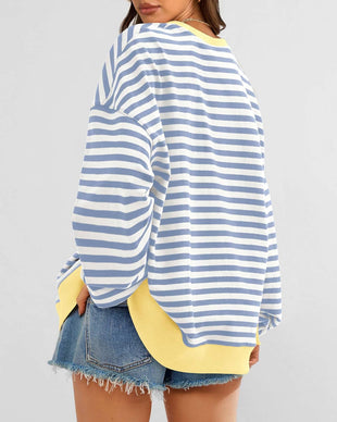 BTFBM Womens Oversized Striped Sweatshirt Crewneck Long Sleeve Pullover Top Casual Y2K Fall Clothes 2025 Workout Shirt - 7DAY'S