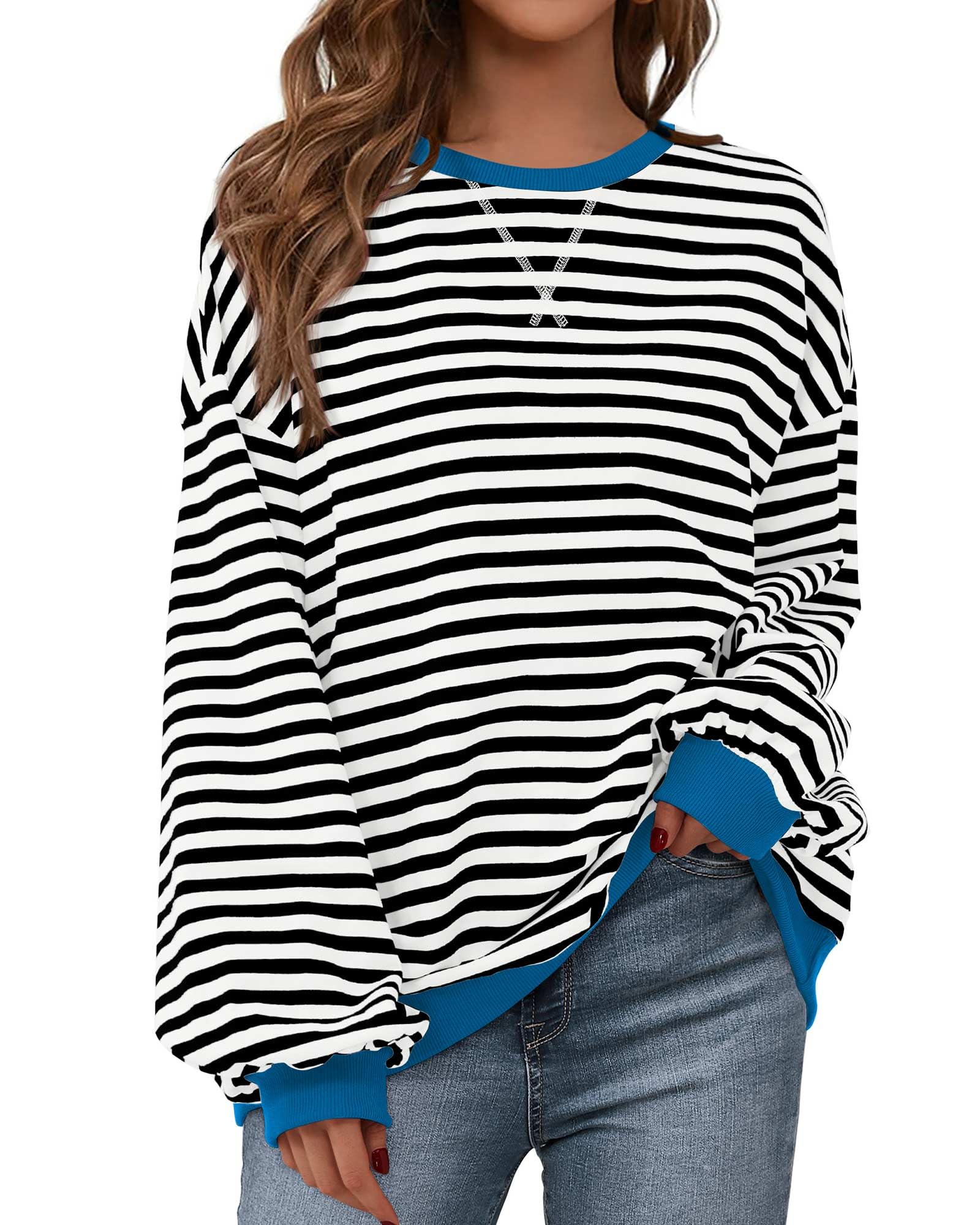 BTFBM Womens Oversized Striped Sweatshirt Crewneck Long Sleeve Pullover Top Casual Y2K Fall Clothes 2025 Workout Shirt - 7DAY'S