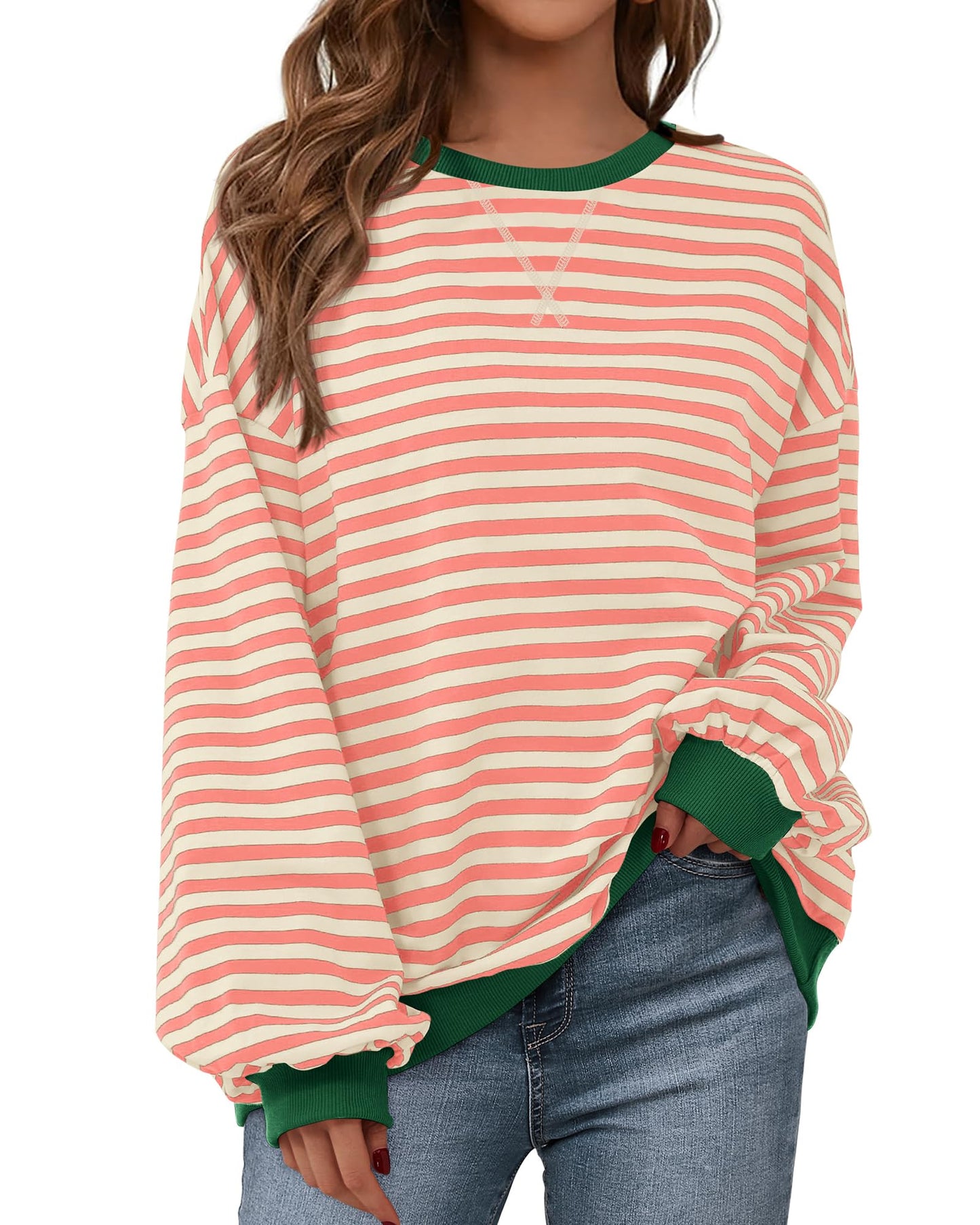 BTFBM Womens Oversized Striped Sweatshirt Crewneck Long Sleeve Pullover Top Casual Y2K Fall Clothes 2025 Workout Shirt - 7DAY'S