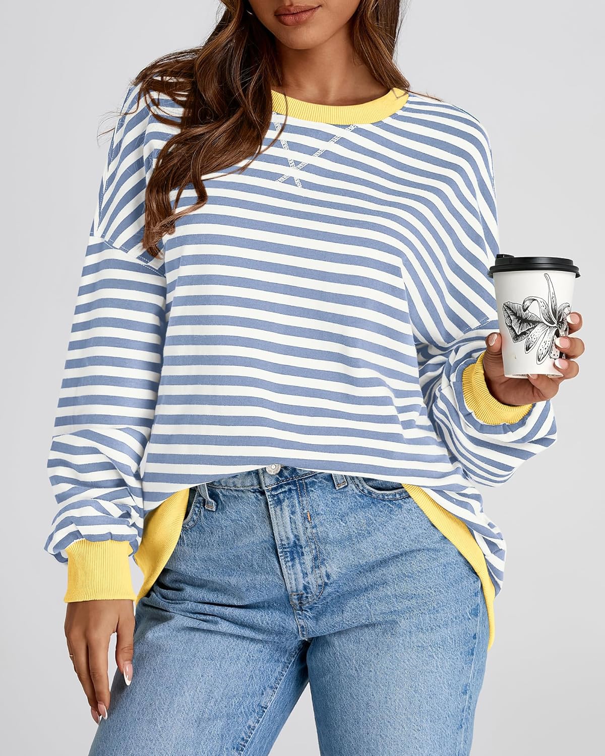 BTFBM Womens Oversized Striped Sweatshirt Crewneck Long Sleeve Pullover Top Casual Y2K Fall Clothes 2025 Workout Shirt - 7DAY'S