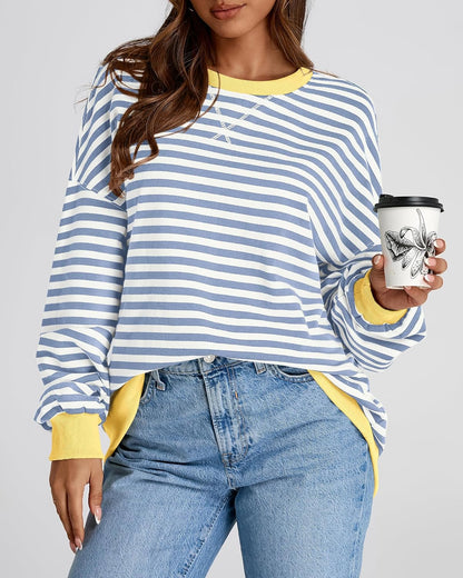 BTFBM Womens Oversized Striped Sweatshirt Crewneck Long Sleeve Pullover Top Casual Y2K Fall Clothes 2025 Workout Shirt - 7DAY'S
