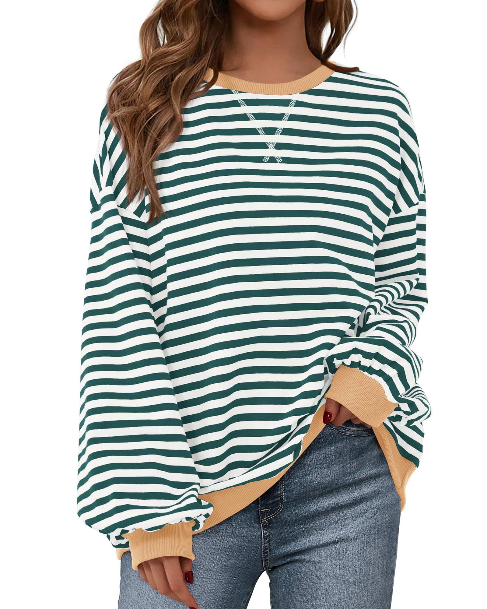 BTFBM Womens Oversized Striped Sweatshirt Crewneck Long Sleeve Pullover Top Casual Y2K Fall Clothes 2025 Workout Shirt - 7DAY'S