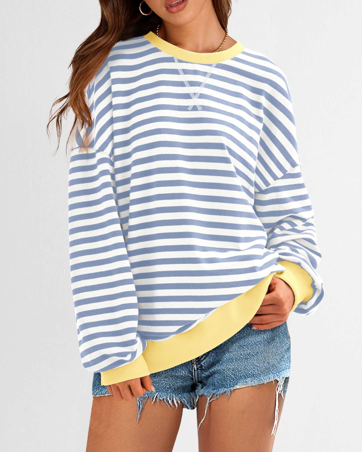 BTFBM Womens Oversized Striped Sweatshirt Crewneck Long Sleeve Pullover Top Casual Y2K Fall Clothes 2025 Workout Shirt - 7DAY'S