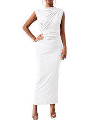 BTFBM Women's Ruched Bodycon Dress Summer Casual Sleeveless Back Slit Elegant Club Evening Party Cocktail Maxi Dresses - 7DAY'S