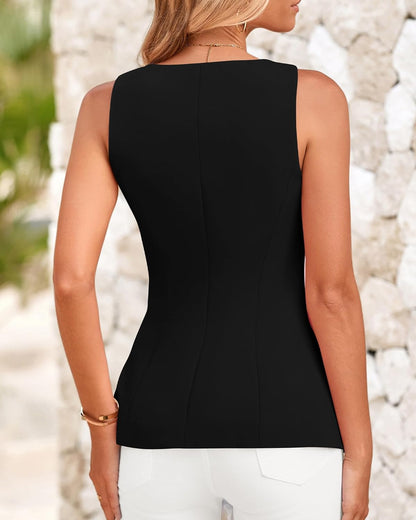 BTFBM Womens Sleeveless Suit Vests Dressy Casual Square Neck Business Work Waistcoat Summer Button Up Blazer Vest Tops - 7DAY'S