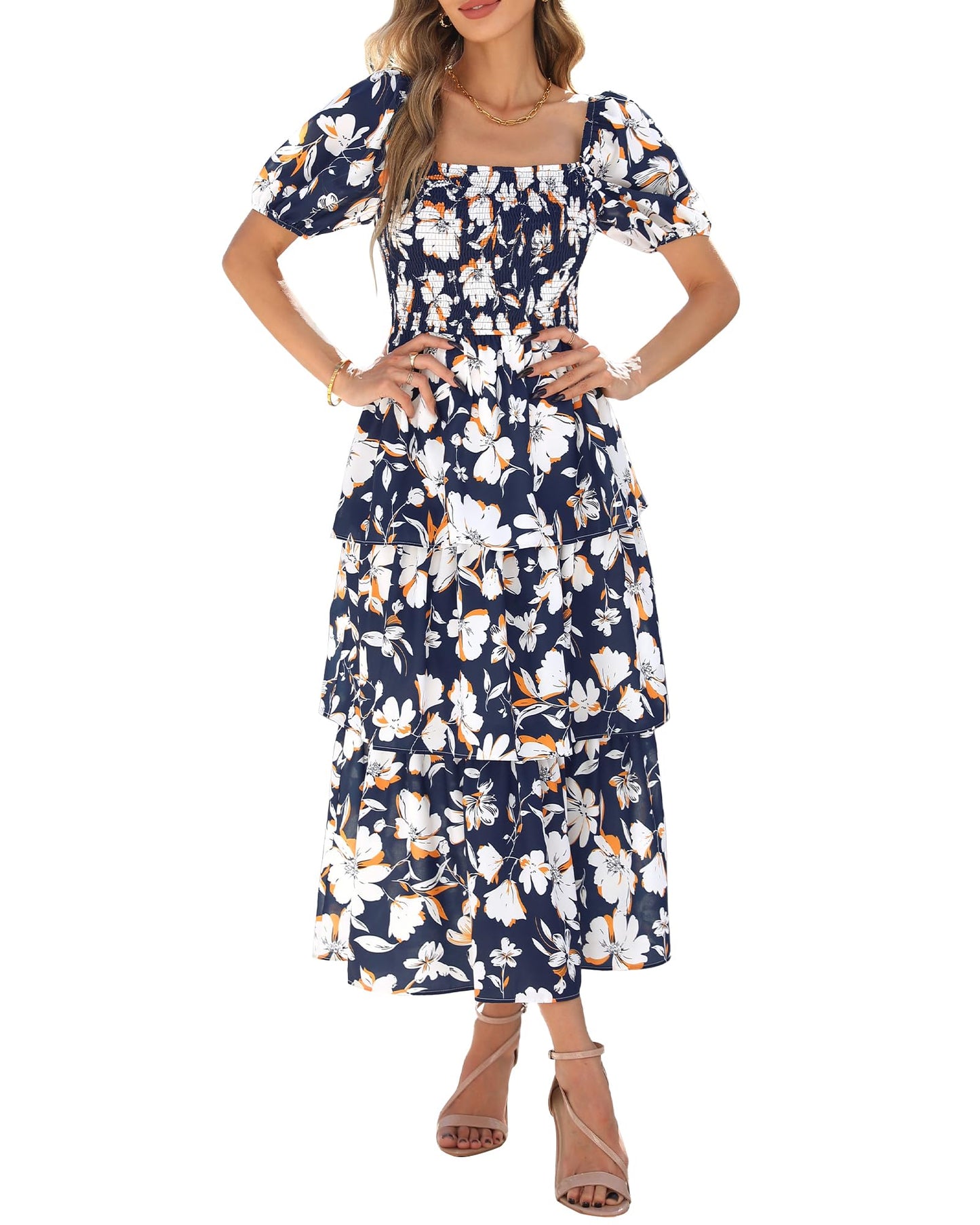 BTFBM Womens Square Neck Smocked Dress Summer Puff Short Sleeve Floral Casual Ruffle Tiered Maxi Wedding Guest Dresses - 7DAY'S