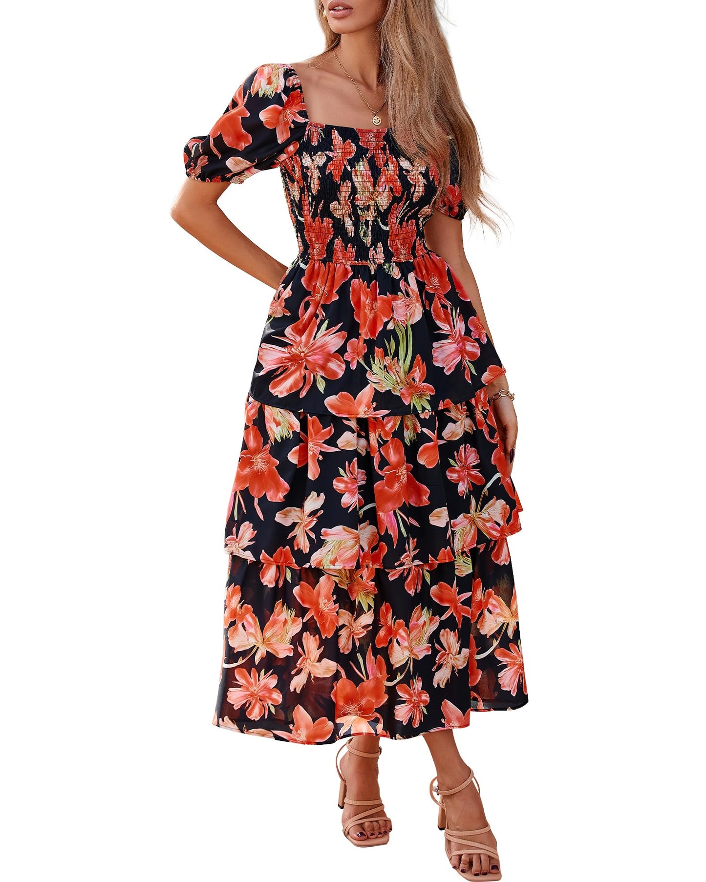 BTFBM Womens Square Neck Smocked Dress Summer Puff Short Sleeve Floral Casual Ruffle Tiered Maxi Wedding Guest Dresses - 7DAY'S