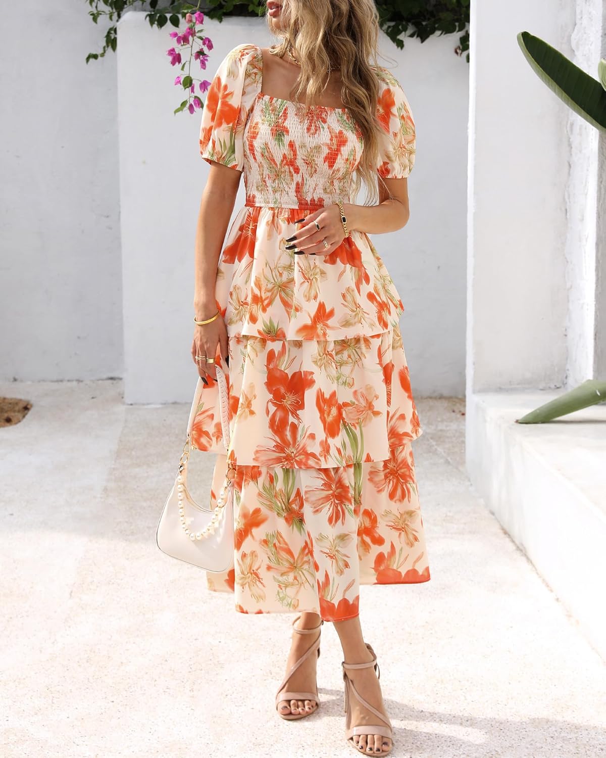BTFBM Womens Square Neck Smocked Dress Summer Puff Short Sleeve Floral Casual Ruffle Tiered Maxi Wedding Guest Dresses - 7DAY'S