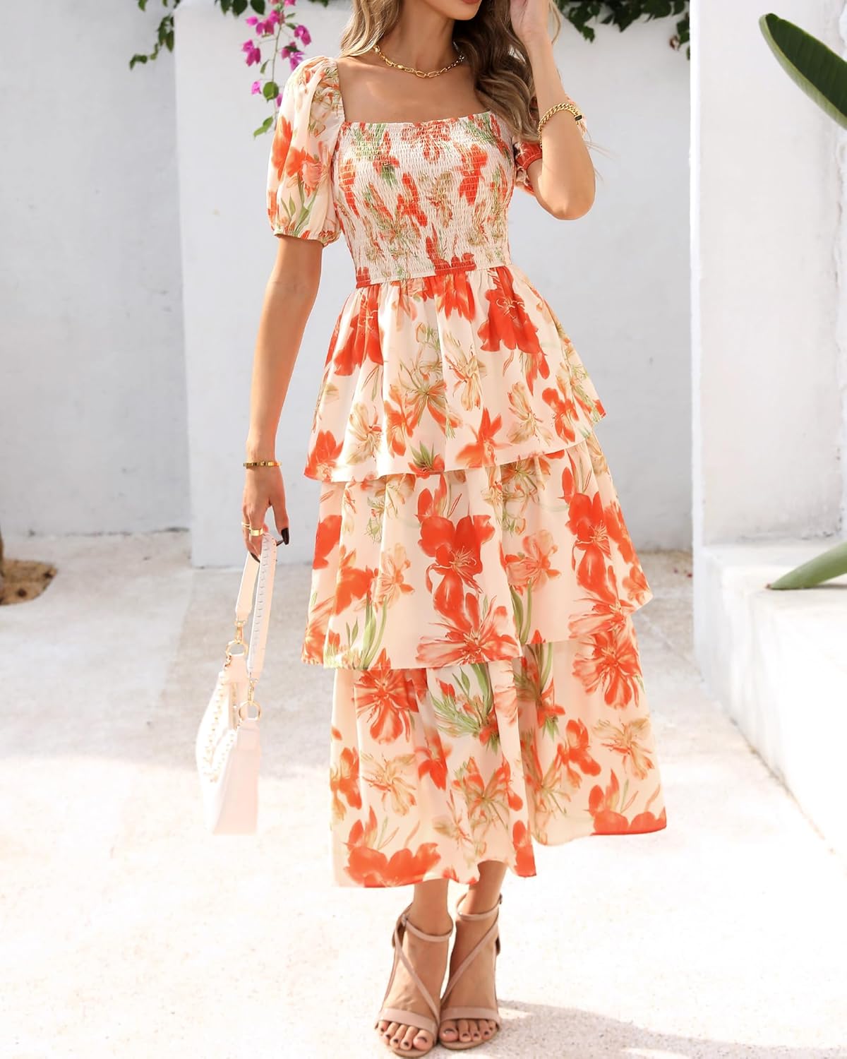 BTFBM Womens Square Neck Smocked Dress Summer Puff Short Sleeve Floral Casual Ruffle Tiered Maxi Wedding Guest Dresses - 7DAY'S