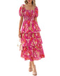 BTFBM Womens Square Neck Smocked Dress Summer Puff Short Sleeve Floral Casual Ruffle Tiered Maxi Wedding Guest Dresses - 7DAY'S