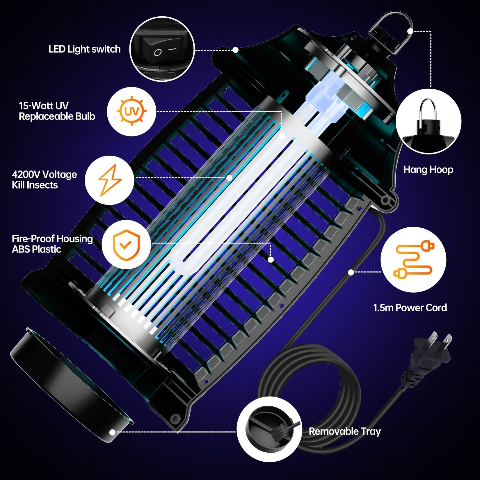 Bug Zapper Indoor, Fly Zappers Electric Mosquitoes Insect Gant Fruit Flies Moth Traps with 4200V for Home Living Room Bedroom Kitchen Backyard Patio Garage Office Camping - 7DAY'S