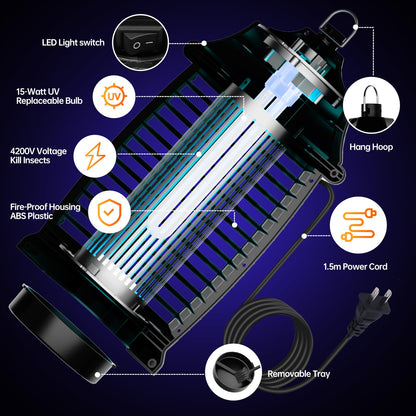 Bug Zapper Indoor, Fly Zappers Electric Mosquitoes Insect Gant Fruit Flies Moth Traps with 4200V for Home Living Room Bedroom Kitchen Backyard Patio Garage Office Camping - 7DAY'S