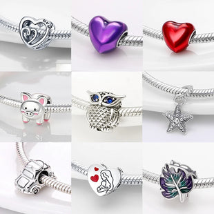 Hot Sale Charms Fit Pandora 925 Original Bracelet Silvering Owl With Blue Zircon Red Heart Charms Beads Fine DIY Jewelry Making