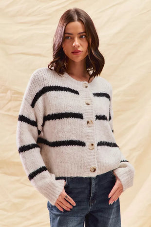 SO ME Stripe Soft Touch Button Cozy Sweater Cardigan