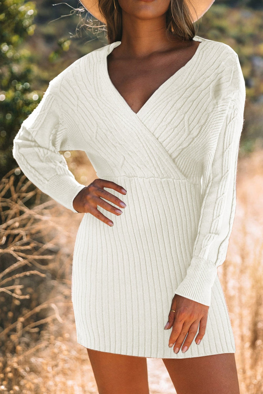 Cable - Knit Surplice Lantern Sleeve Sweater Dress - 7DAY'S