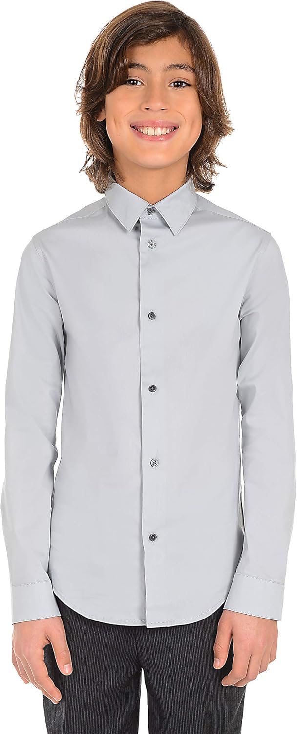 Calvin Klein Boys' Long Sleeve Sateen Dress Shirt, Button - Down Style with Cuffs & Shirttail Hem - 7DAY'S