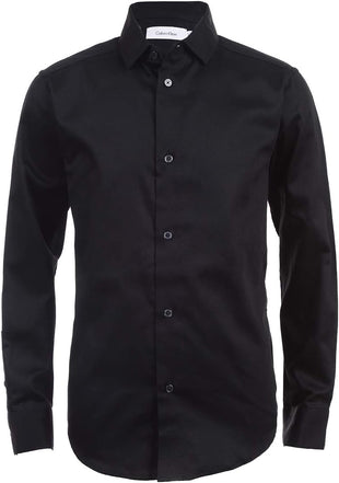 Calvin Klein Boys' Long Sleeve Sateen Dress Shirt, Button-Down Style with Cuffs & Shirttail Hem