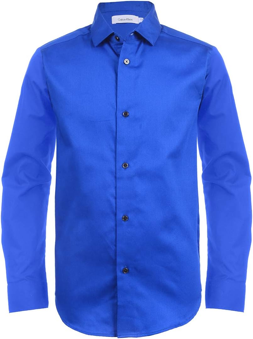 Calvin Klein Boys' Long Sleeve Sateen Dress Shirt, Button - Down Style with Cuffs & Shirttail Hem - 7DAY'S