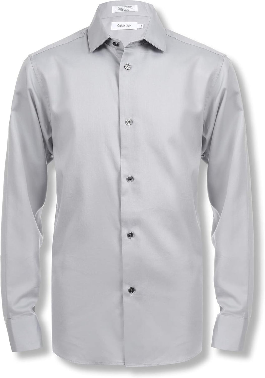 Calvin Klein Boys' Long Sleeve Sateen Dress Shirt, Button - Down Style with Cuffs & Shirttail Hem - 7DAY'S